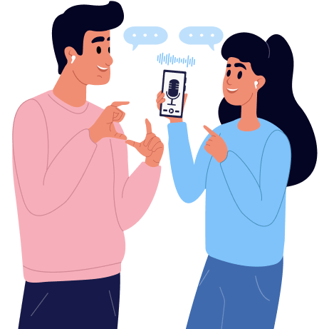 Illustration of a man and a woman using a mobile device to communicate face to face