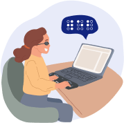 Illustration of a woman sitting at a desk using an electronic braille display to read content on a laptop screen.