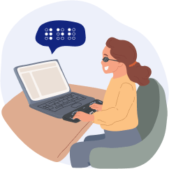 Illustration of a girl using an electronic braille display to read the content on a laptop screen.