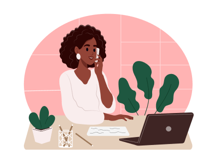 Illustration of a woman talking on the phone while sitting at a desk with laptop, paper, and pencils in front of her. 