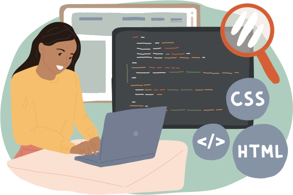 Illustration of a woman using a laptop. There is an image of a screen with computer code in the background and HTML, CSS and code tags in circles implying she is coding a website.