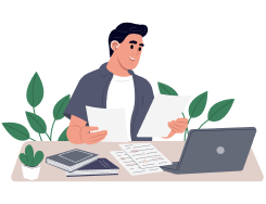 Illustration of a man working at a desk with papers and a laptop. He has a hearing device behind his ear.