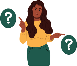 Illustration of a woman pointing at large question marks with a questioning look on her face.