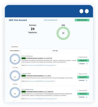 Screen shot from the ADA compliance software account page showing specific compliance error example.