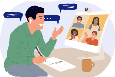 Illustration of a man on a virtual meeting on a computer with four other individuals on his computer screen.