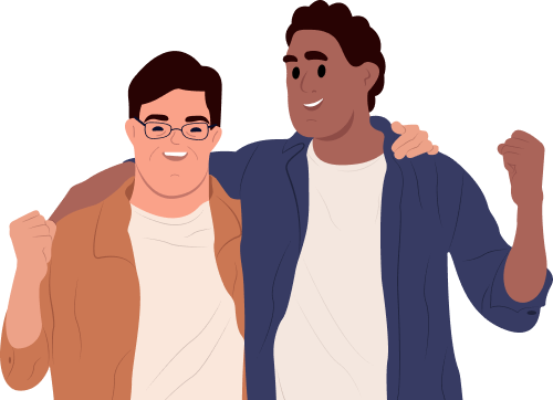 Illustration of two guys facing forward side by side smiling, with one arm around the other. Both men have one arm in a fist pumping motion.