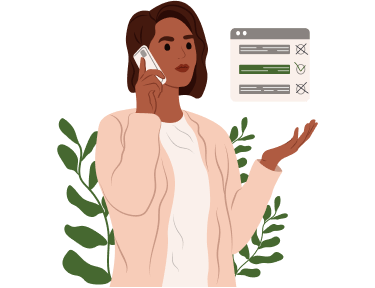 Illustration of a lady standing talking on a cell phone with imagery of a checklist in the foreground near her face.