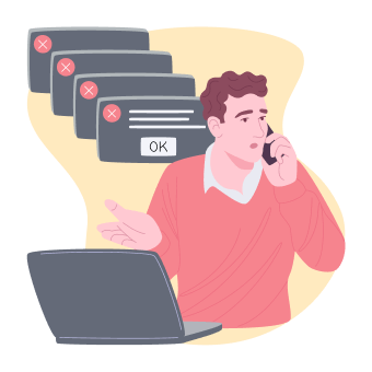 Illustration of a man talking on the phone with concerned look. There is imagery of incomplete difficult tasks in the background.