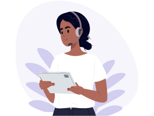 Illustration of a woman wearing a headset with microphone holding a tablet.