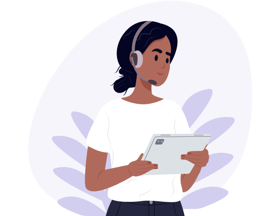 Illustration of a woman wearing a headset with microphone holding a tablet.