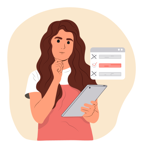 Illustration of a woman holding a tablet with hand to her chin and a contemplative look on her face.