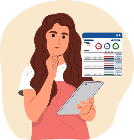 Illustration of a woman holding a tablet with hand to her chin and a contemplative look on her face.