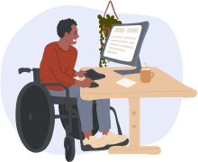 Illustration of man in wheelchair at a desk working at a computer.